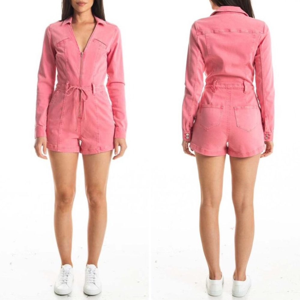 PAIGE Pink Long Sleeve Belted Shorts Romper - Picture 1 of 7